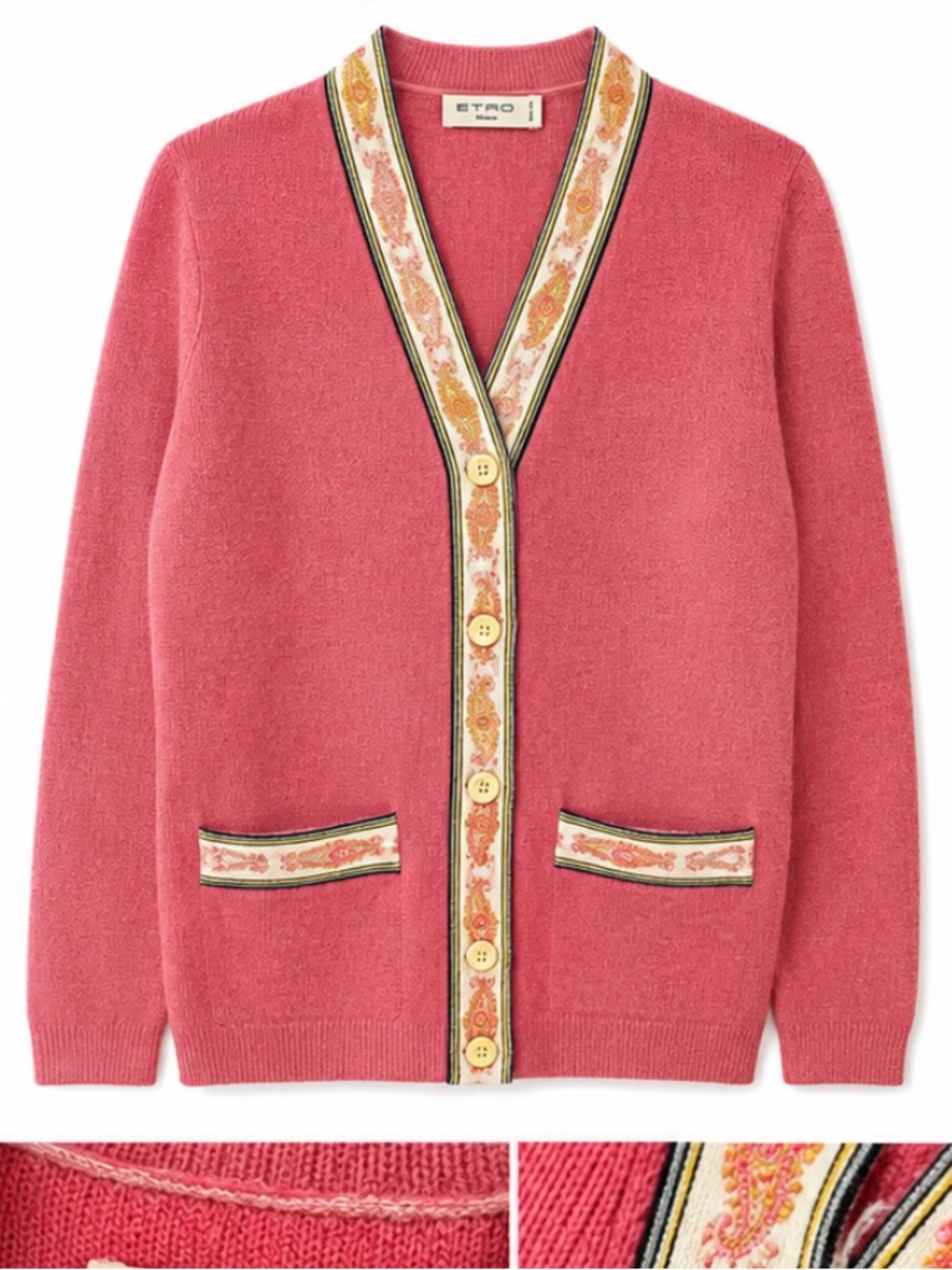 Etro Milano Made In Italy Cashmere Blend Embroidered Cardigan Sweater Pink M